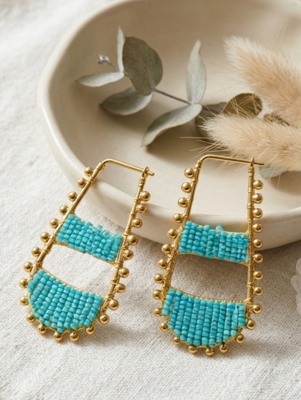 Aqua Beaded Statement Hoop Earrings Handmade Artisan Boho Ethnic Gold Drop
